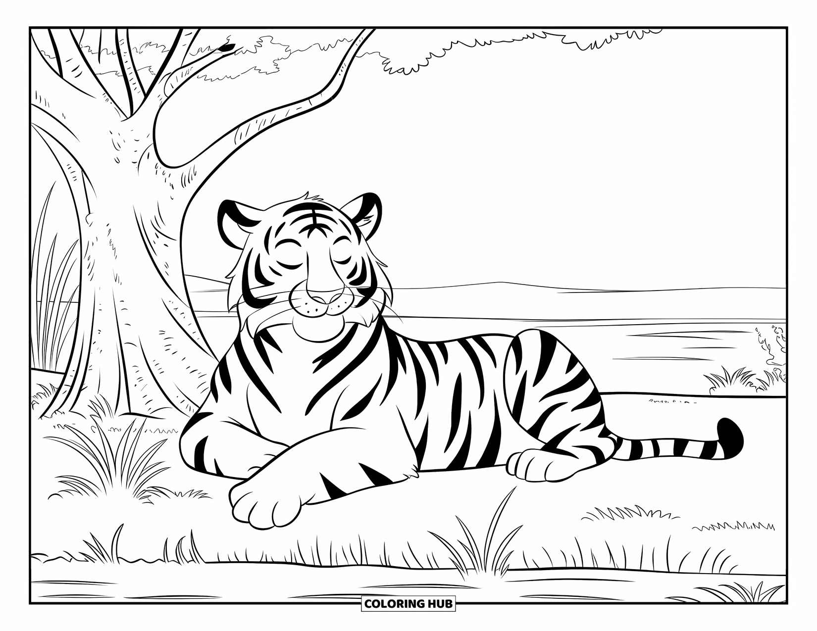 Wild Animal Coloring Page for Kids: A tiger naps by a tree near water on a vast savannah with tall grasses