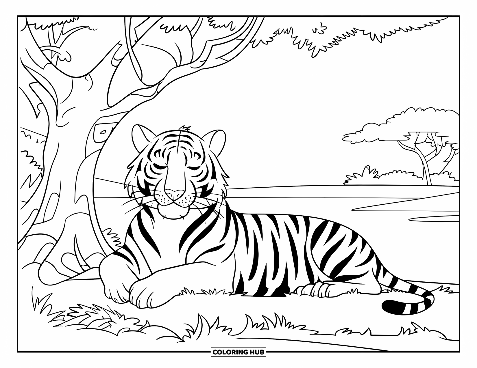 Wild Animal Coloring Page for Kids: A tiger rests its head on its paw by a tree near water and a clear horizon