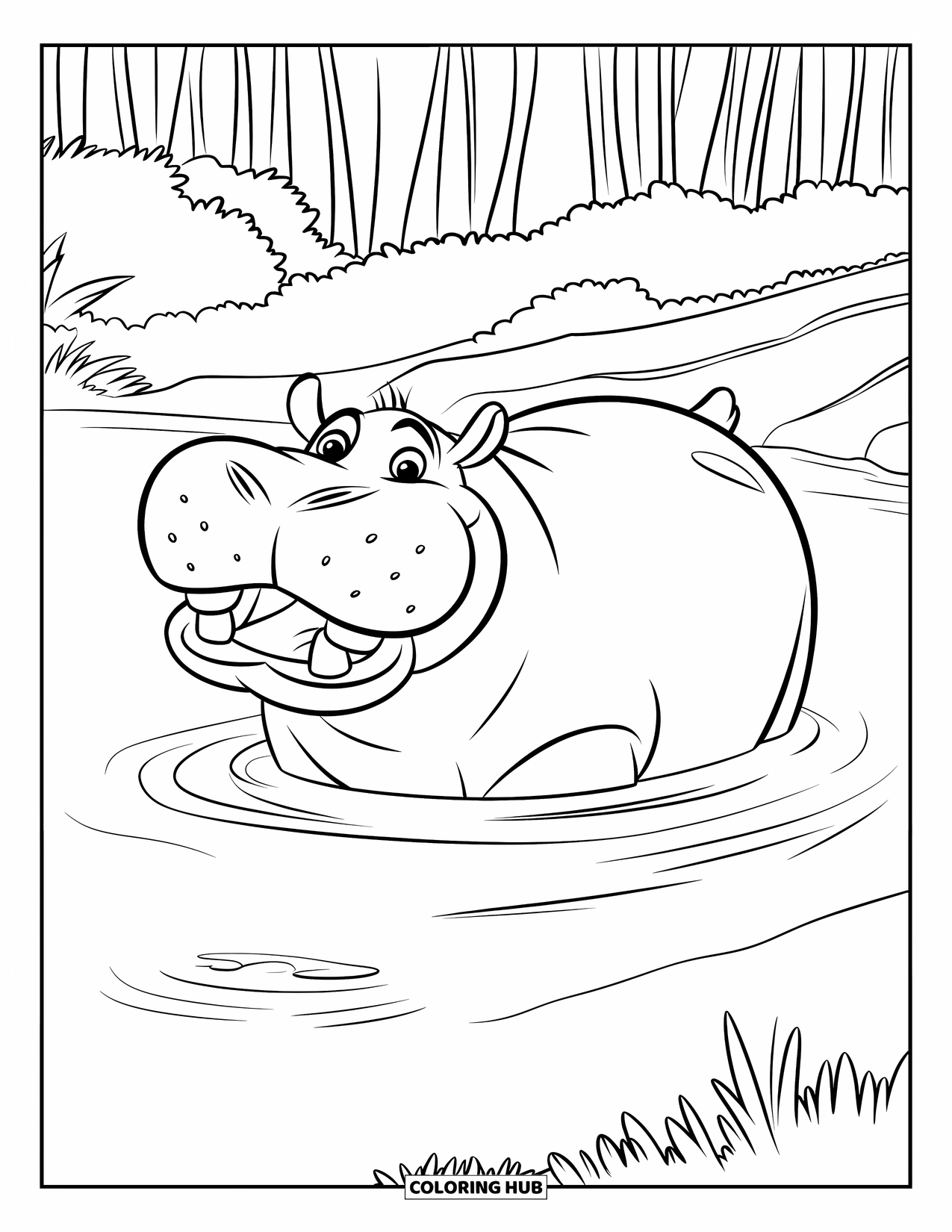 Wild Animal Coloring Page for Kids: A wide-eyed hippo with open mouth floats in a calm river near tall forest trees