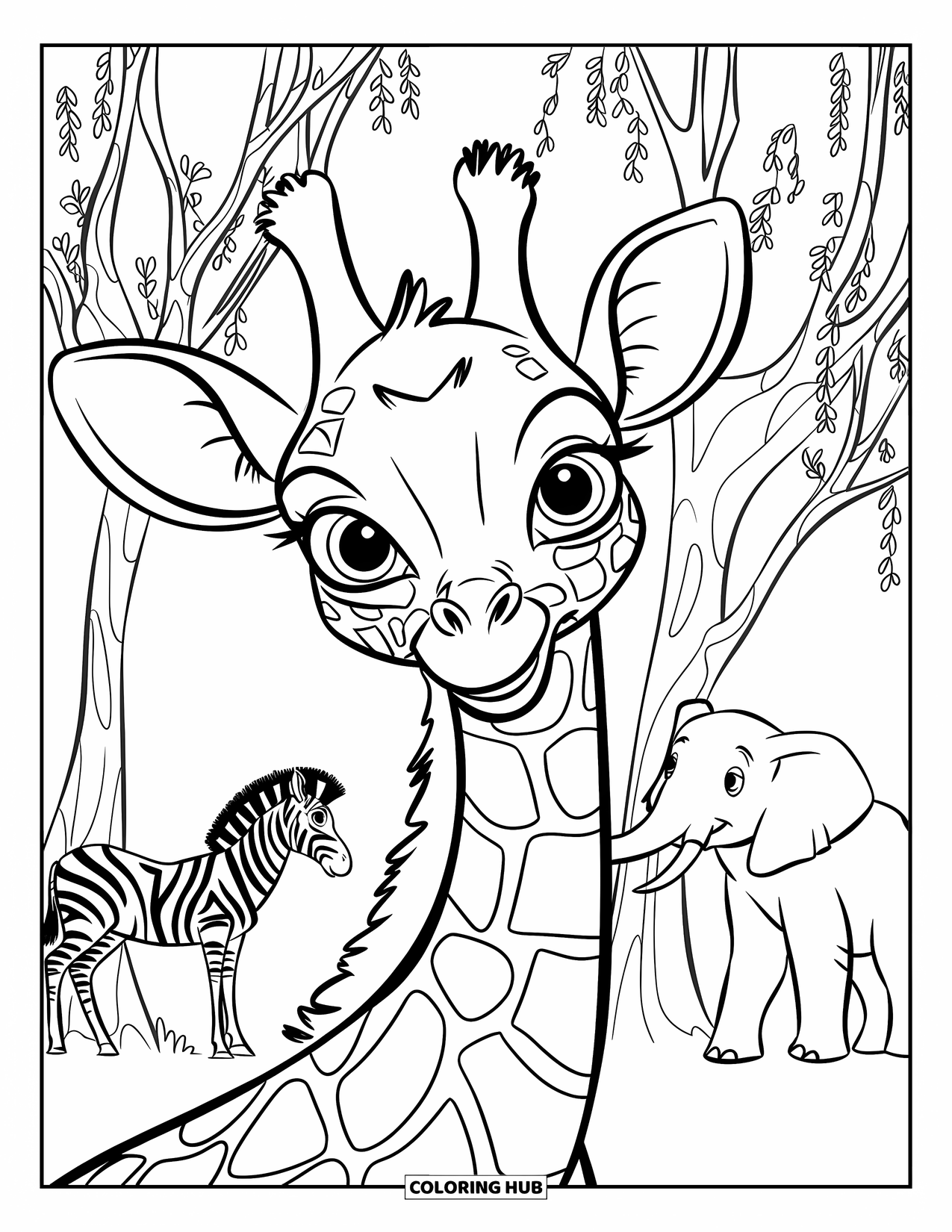 Wild Animal Coloring Page for Kids: A young giraffe stands near tall trees with other animals like a zebra and elephant