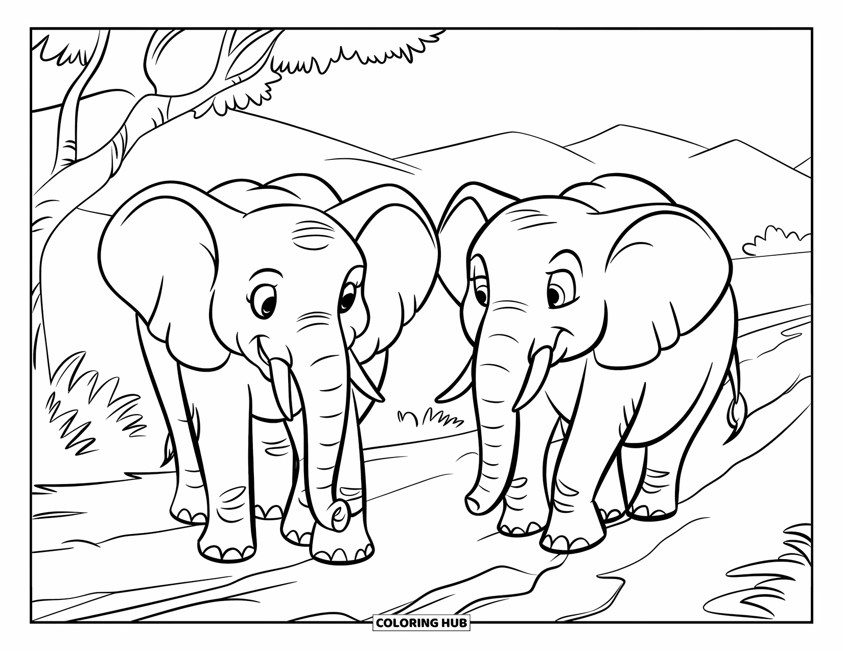Wild Animal Coloring Page for Kids: Two elephants with large ears walk together on a dirt trail with a tree and mountains