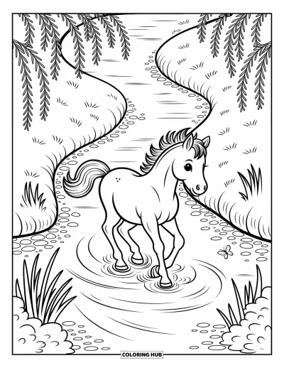 Kleurplaat van een wild paard voor volwassenen: Een nieuwsgierig veulen stapt voorzichtig door een rivier, gadgeslagen door bomen en een vliegende vlinder