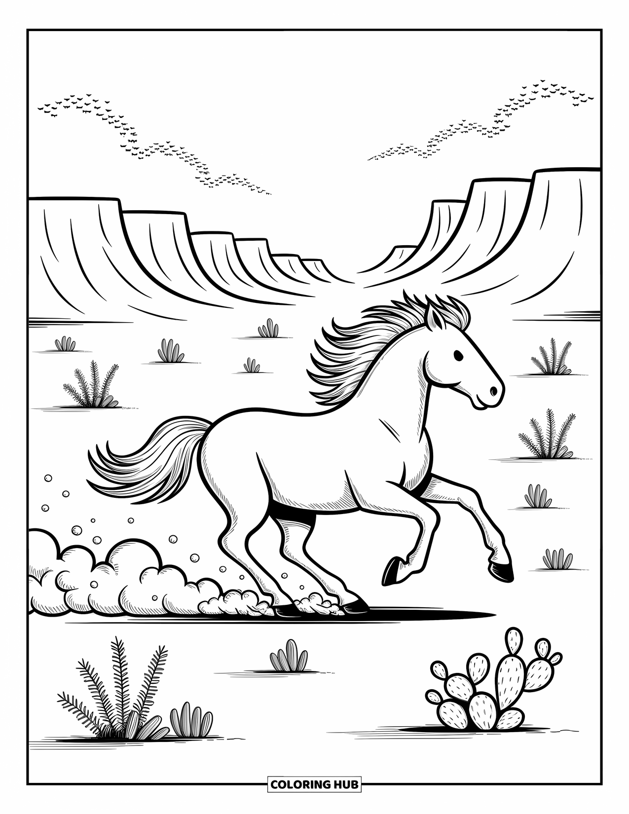 Wild Horse Coloring Page for Adults: A galloping horse kicks up dust as birds scatter and cacti dot the desert