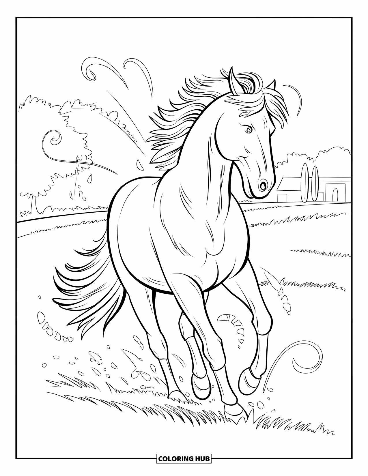 Wild Horse Coloring Page for Adults: A galloping horse turns sharply among swirling plants and distant trees