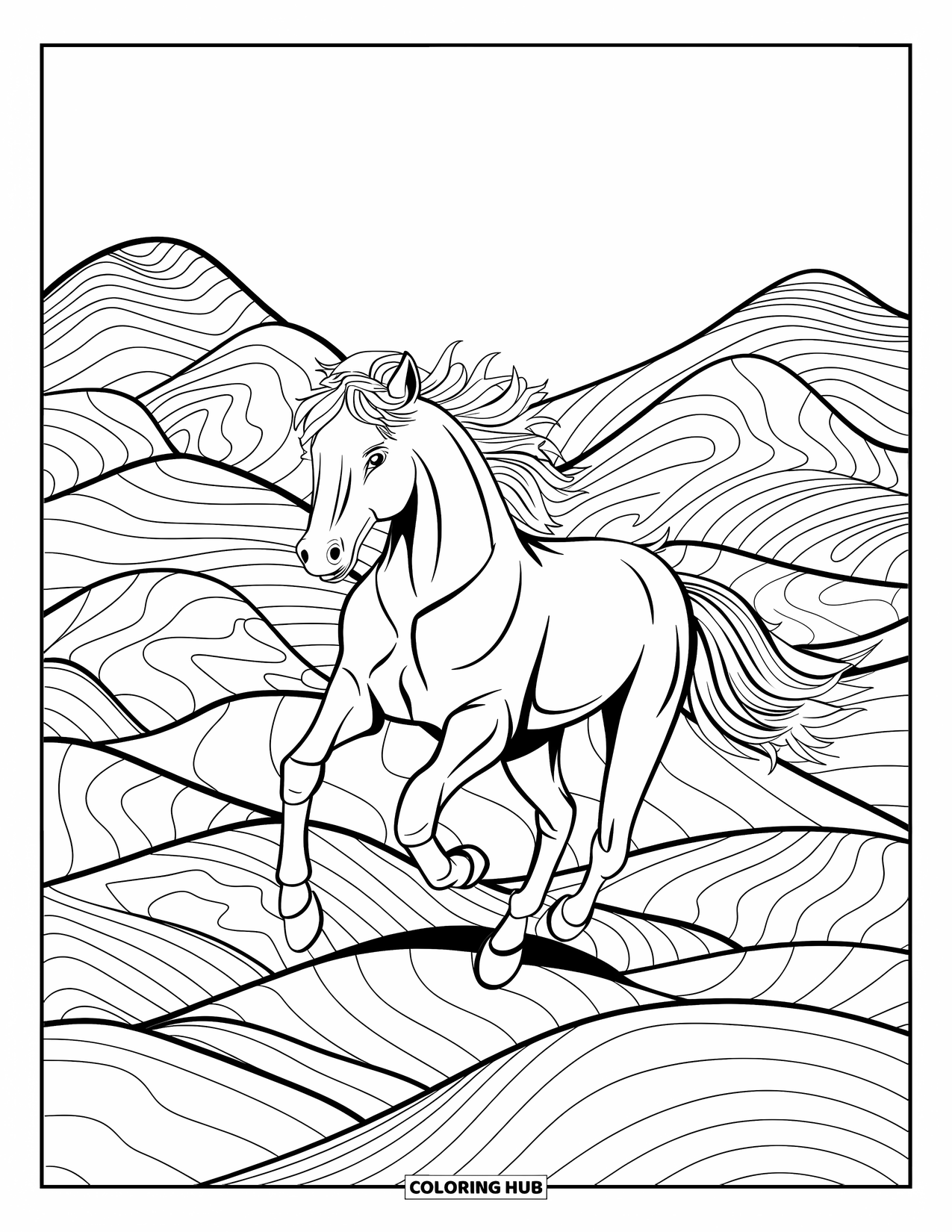 Wild Horse Coloring Page for Adults: A horse gallops fast over stained glass hills and patterned mountains under a white sky