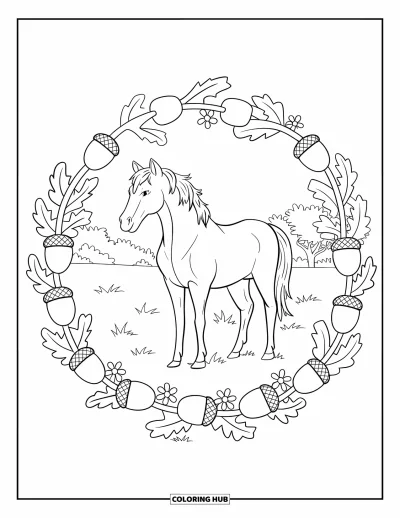 Kleurplaat van een wild paard voor volwassenen: Een paard staat rustig in een krans van eikenbladeren en bloemen op een grasveld