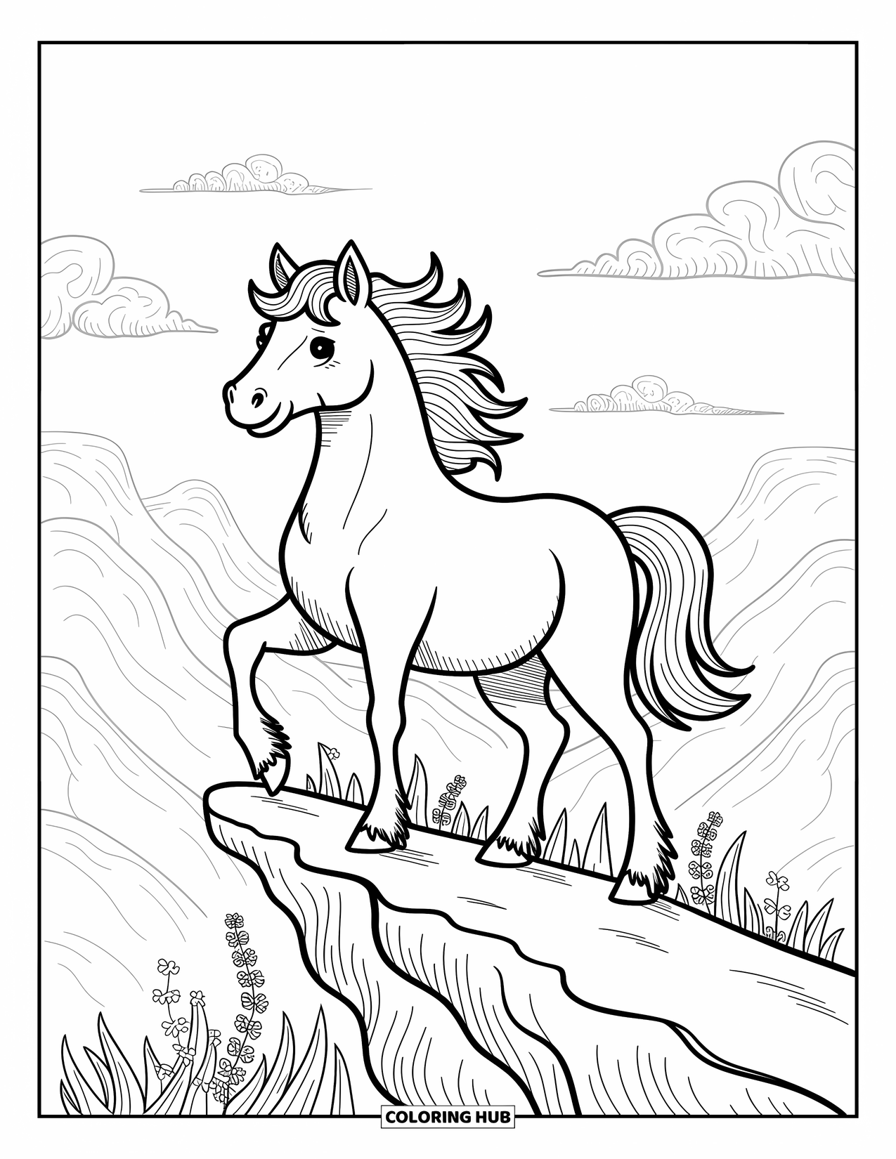 Wild Horse Coloring Page for Adults: A horse surveys the cliffs proudly as the breeze lifts its mane and clouds drift by