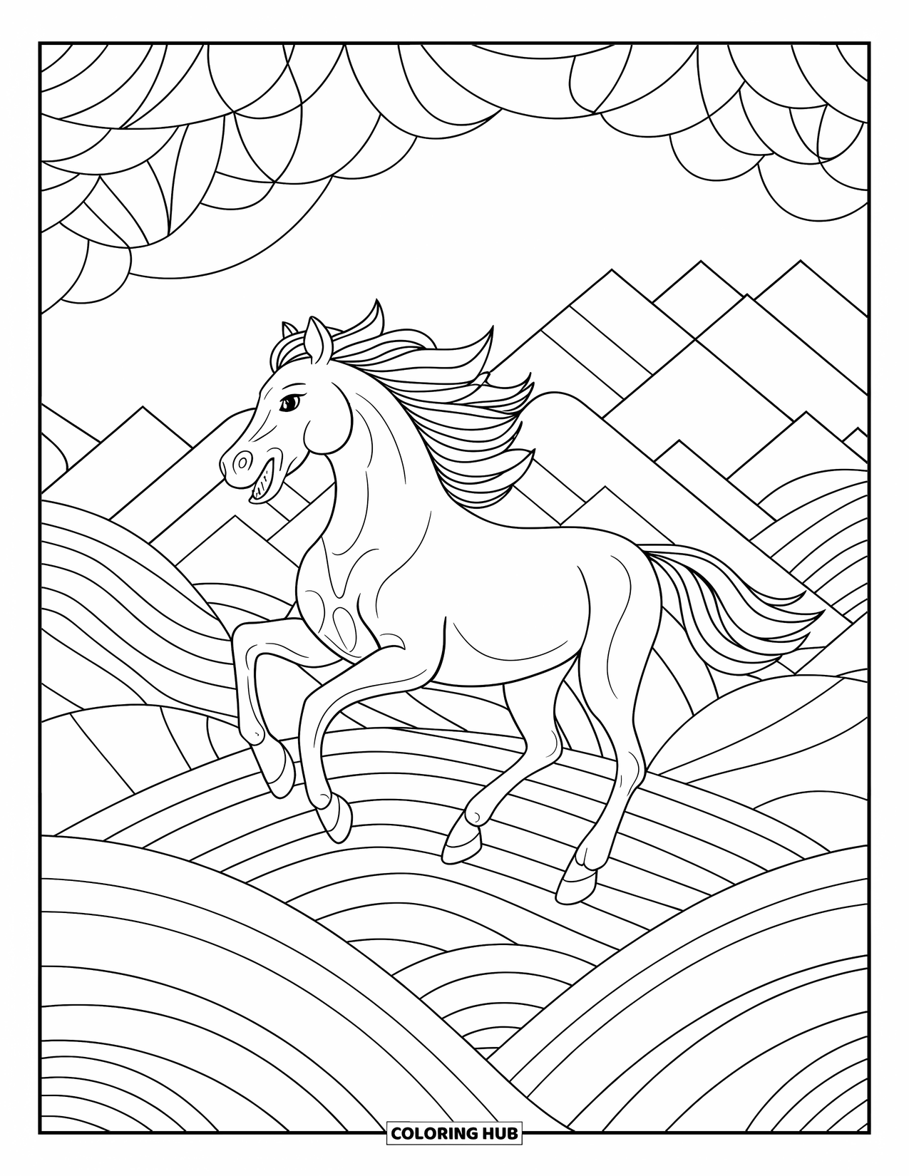 Wild Horse Coloring Page for Adults: A running horse races through swirling shapes and stained glass mountain patterns