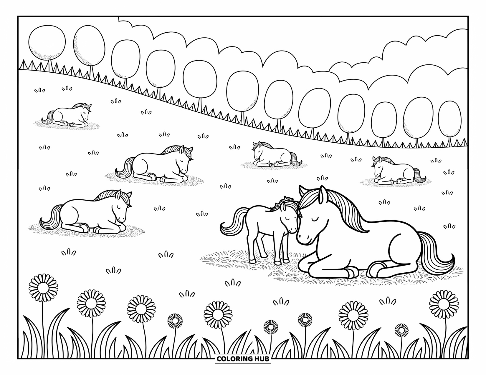 Wild Horse Coloring Page for Adults: Horses rest and wander on a flower-speckled hill as a foal nudges its parent