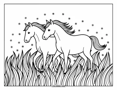 Kleurplaat van een wild paard voor volwassenen: Twee paarden lopen rustig door wuivend gras, omringd door drijvende zaadpluisjes en zacht gezoem