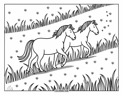 Kleurplaat van een wild paard voor volwassenen: Twee wilde paarden lopen door hoog gras terwijl zaadpluisjes en insectjes zacht ronddrijven
