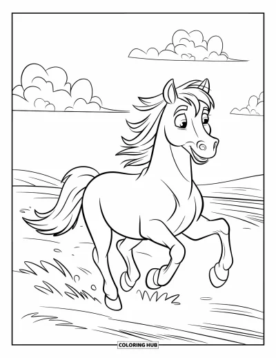 Kleurplaat van een wild paard voor kinderen: Een vrolijk paard gallopeert over een veld onder donzige wolken