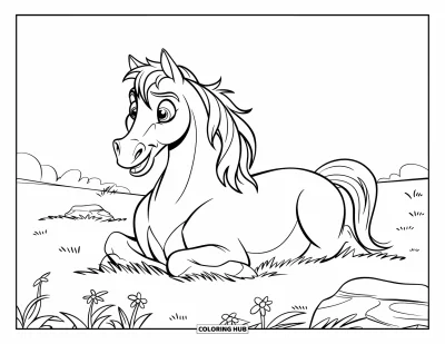Kleurplaat van een wild paard voor kinderen: Een vrolijk paard ligt glimlachend in een veld met bloemen en stenen