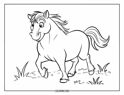 Kleurplaat van een wild paard voor kinderen: Een mollig paard loopt met zijn staart wiegelend over grasland