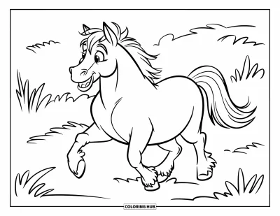 Kleurplaat van een wild paard voor kinderen: Een mollig wild paard wandelt door een grasveld met een wiebelende staart
