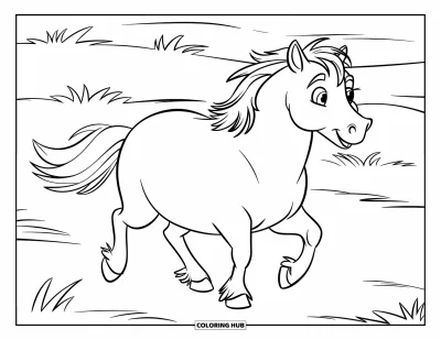 Kleurplaat van een wild paard voor kinderen: Een mollig wild paard loopt rustig over het gras met een lichte slingering