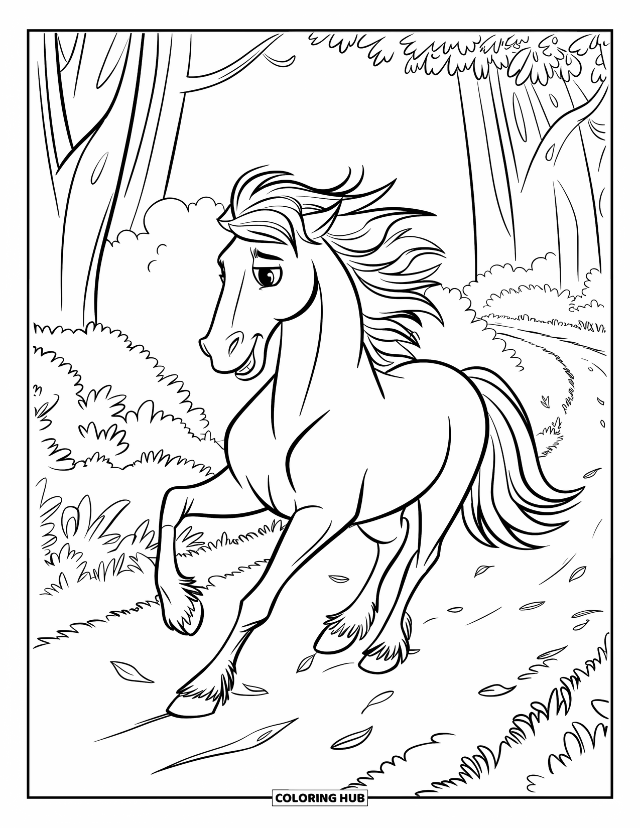 Wild Horse Coloring Page for Kids: A galloping horse moves through the forest, kicking up fallen leaves
