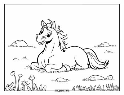 Kleurplaat van een wild paard voor kinderen: Een vrolijk paard ligt in een rustig veld met enkele bloemen en stenen
