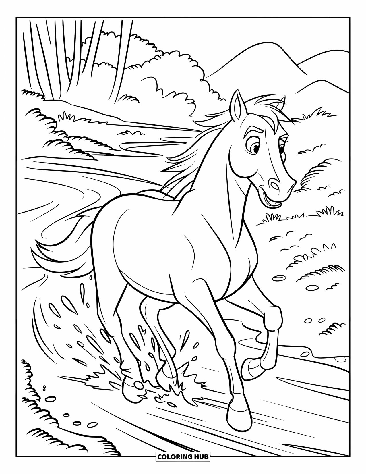 Wild Horse Coloring Page for Kids: A horse gallops along a stream with trees and mountains in the background