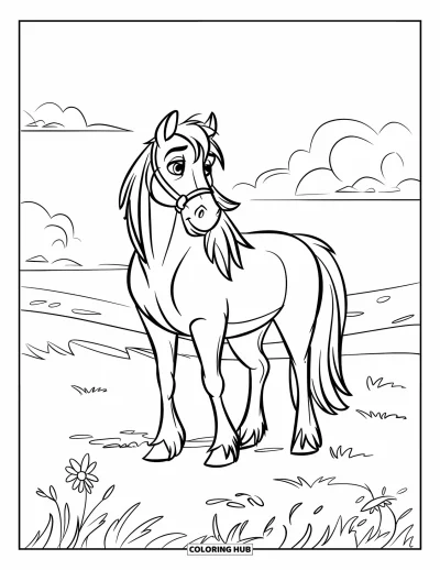 Kleurplaat van een wild paard voor kinderen: Een paard staat in een grasveld met wilde bloemen en enkele wolken