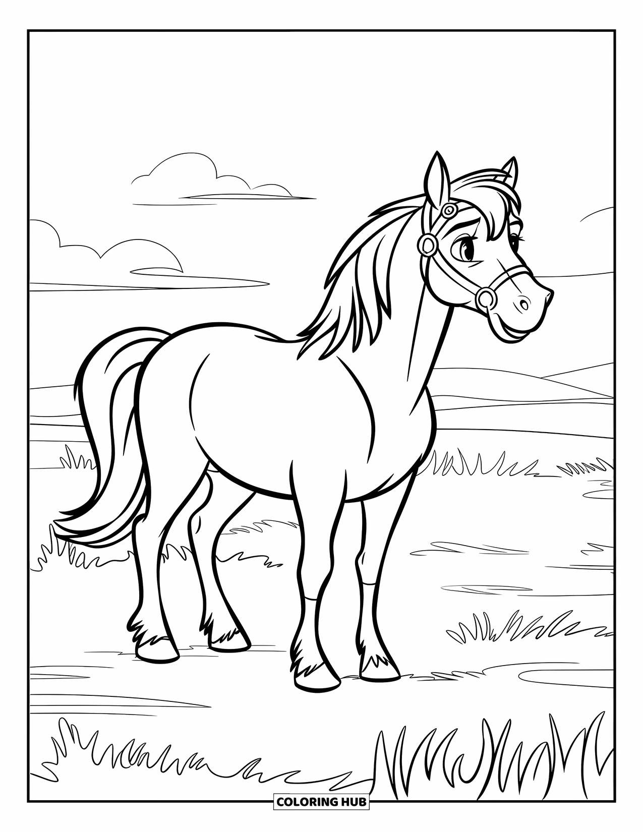 Wild Horse Coloring Page for Kids: A horse with a bridle stands in a field with grass and clouds above