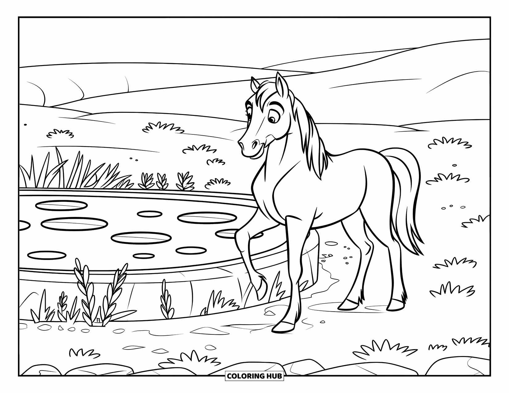 Wild Horse Coloring Page for Kids: A horse with a white mane stops at a watering hole in the hills