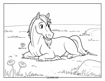 Kleurplaat van een wild paard voor kinderen: Een speels paard ligt in een veld met bloemen en stenen in de buurt