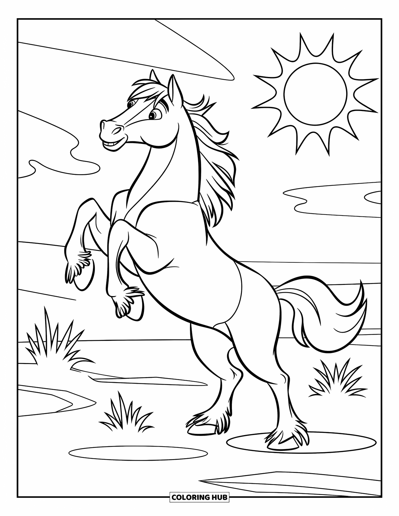 Wild Horse Coloring Page for Kids: A rearing horse stands near a big sun and tufts of grass