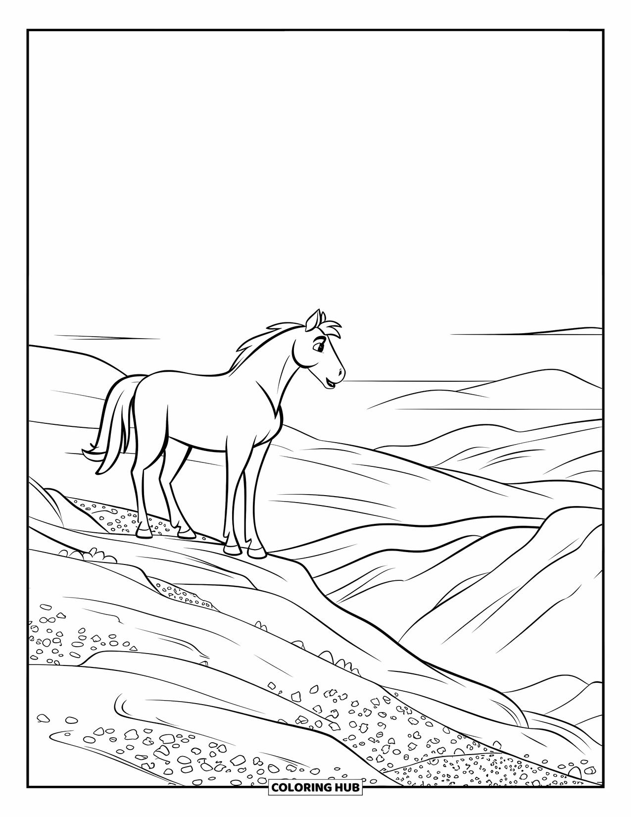 Wild Horse Coloring Page for Kids: A strong horse stands on a rocky slope with hills stretching far below