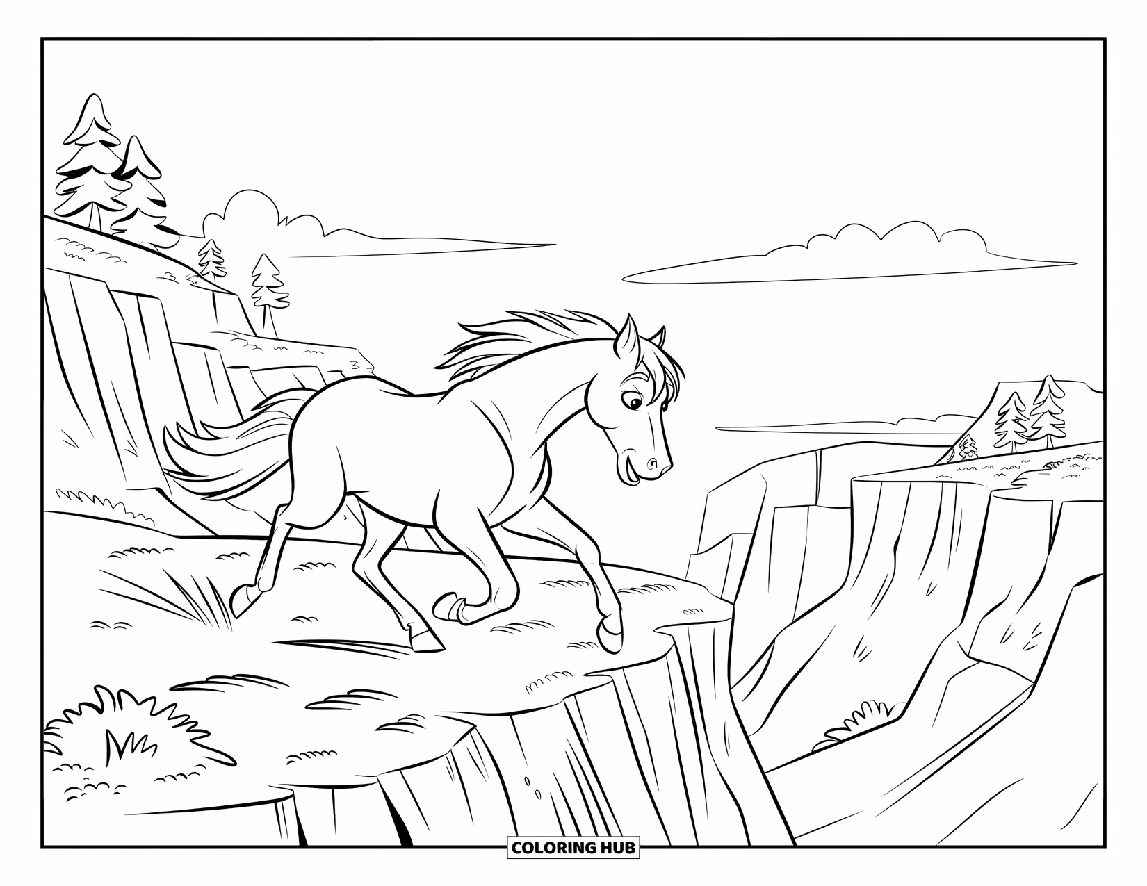 Wild Horse Coloring Page for Kids: A wild horse dashes along a canyon edge with trees growing from steep cliffs