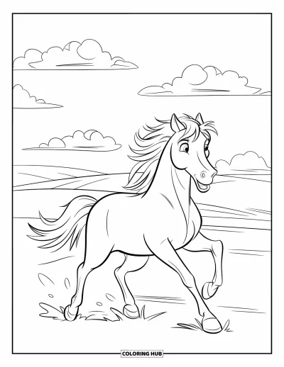Kleurplaat van een wild paard voor kinderen: Een wild paard gallopeert met wapperende manen onder een lucht vol pluizige wolken