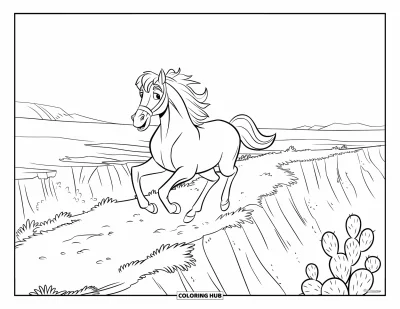 Kleurplaat van een wild paard voor kinderen: Een wild paard met hoofdstel gallopeert langs een canyon bezaaid met cactussen