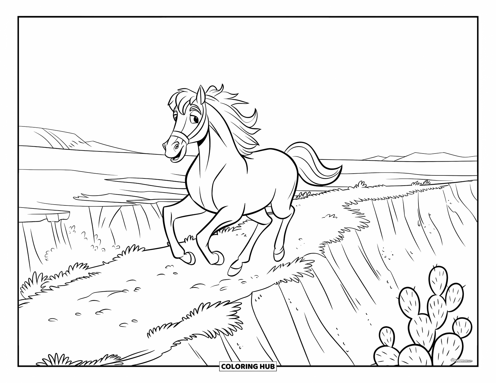 Wild Horse Coloring Page for Kids: A wild horse in a bridle gallops along a canyon dotted with cacti