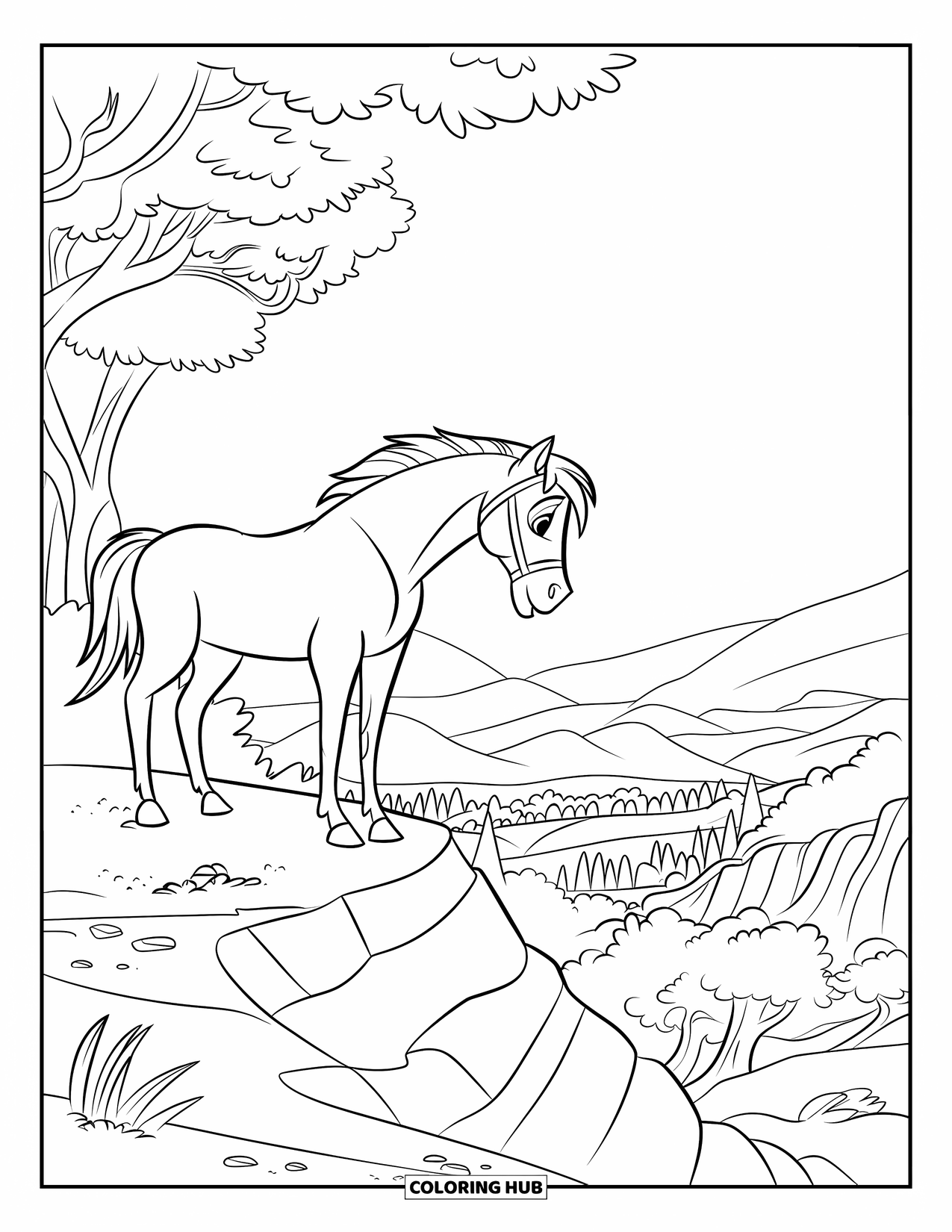 Wild Horse Coloring Page for Kids: A wild horse on a rocky slope looks over land filled with trees and hills