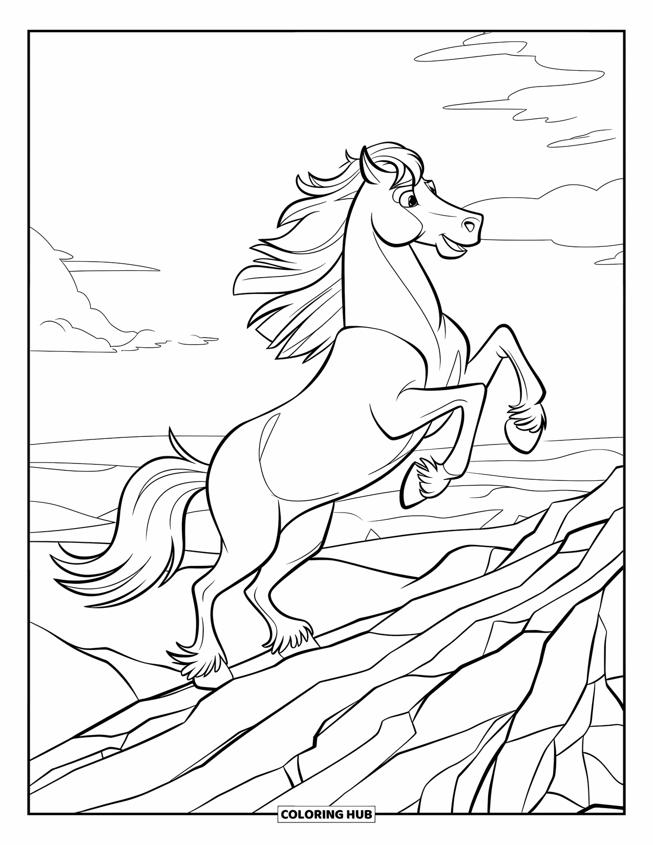 Wild Horse Coloring Page for Kids: A wild horse rears on a ridge as wind flows through its mane and tail