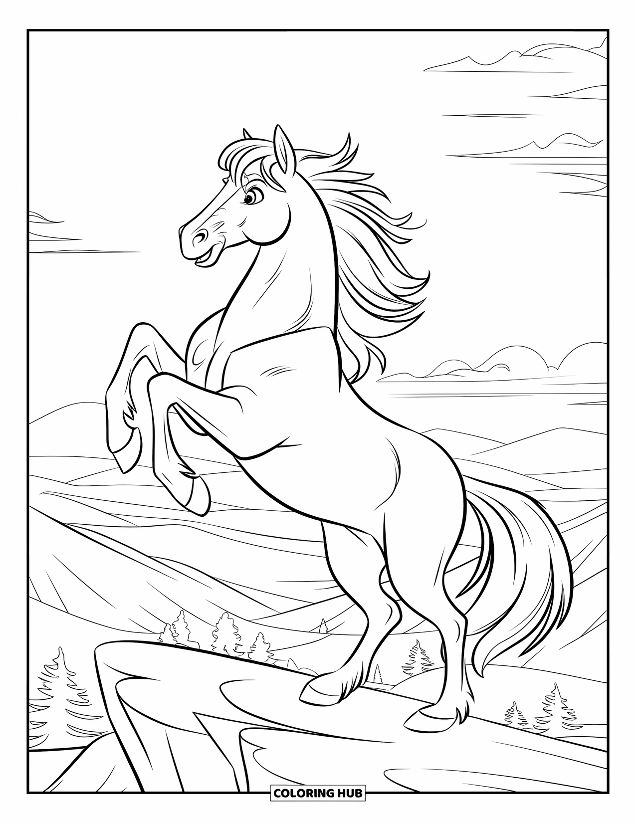 Wild Horse Coloring Page for Kids: A wild horse rears on a ridge with mountains and clouds around