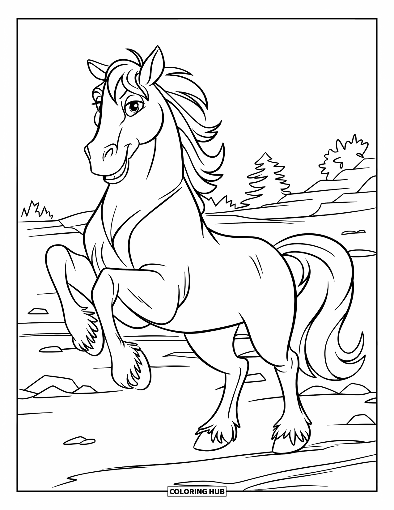 Wild Horse Coloring Page for Kids: A wild horse rears on rocky land with trees in the distance