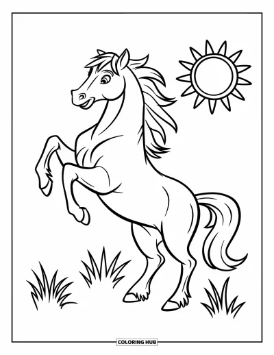 Kleurplaat van een wild paard voor kinderen: Een wild paard steigert bij de zon en polletjes gras