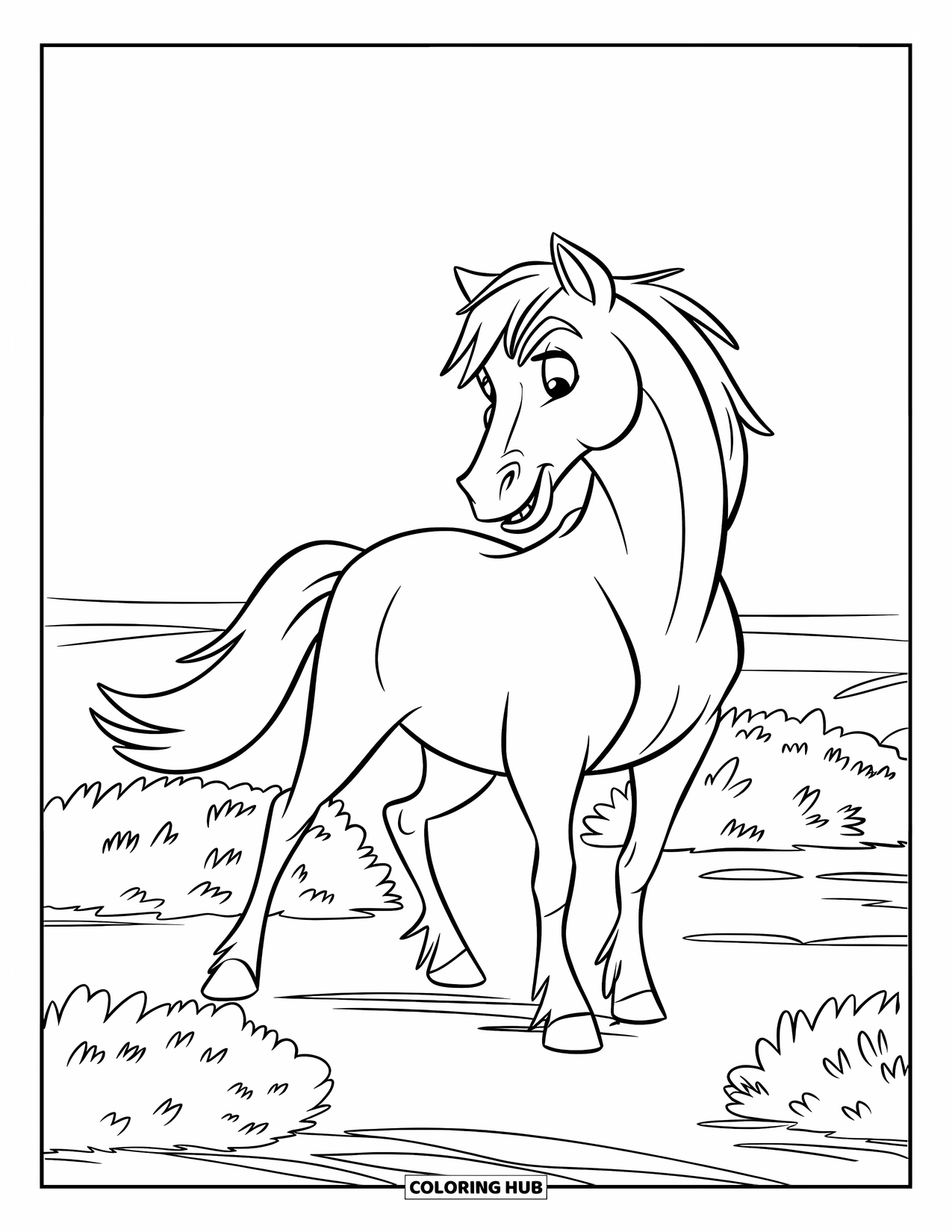 Wild Horse Coloring Page for Kids: A wild horse stands alert among scattered bushes in open land