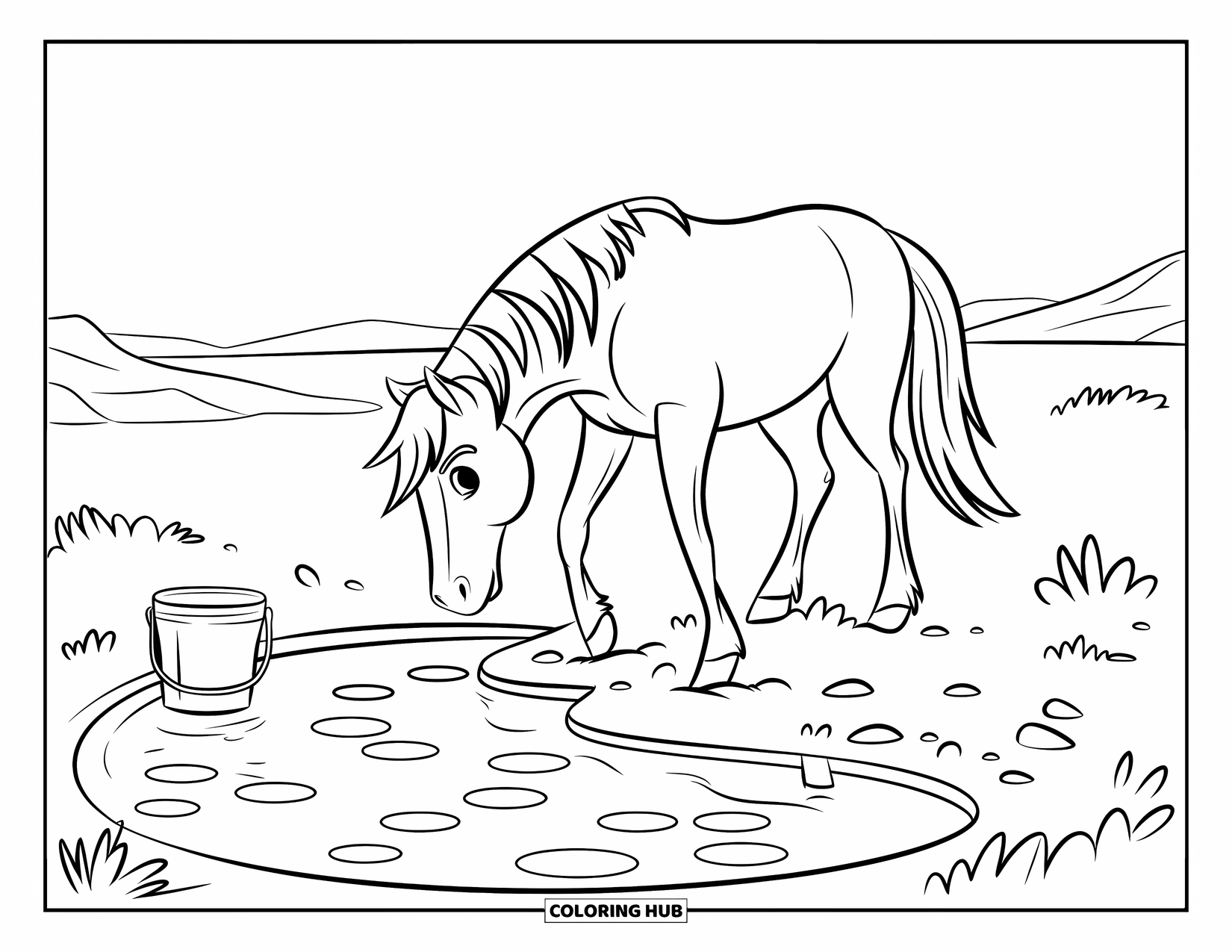 Wild Horse Coloring Page for Kids: A wild horse stands near a watering hole with a bucket beside it