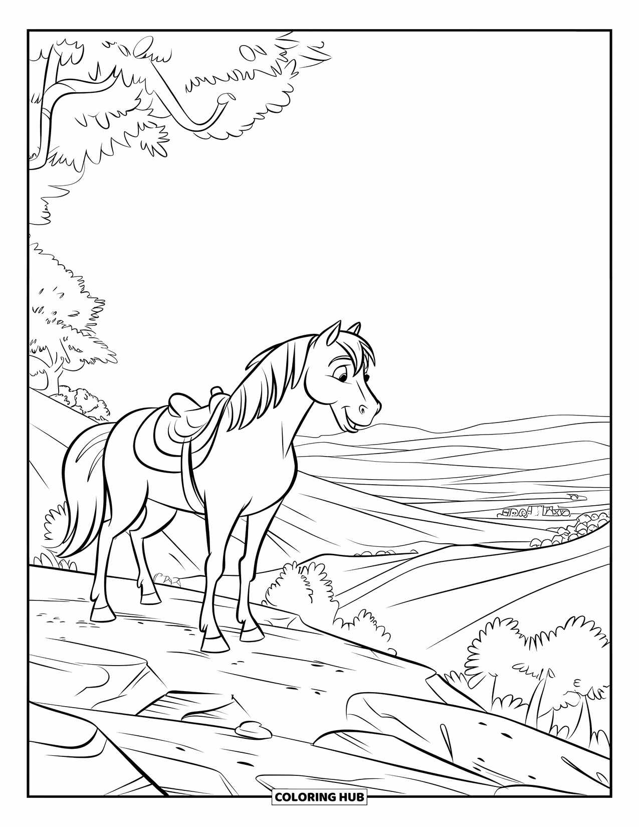 Wild Horse Coloring Page for Kids: A wild horse stands on a rocky slope, looking out over trees and hills