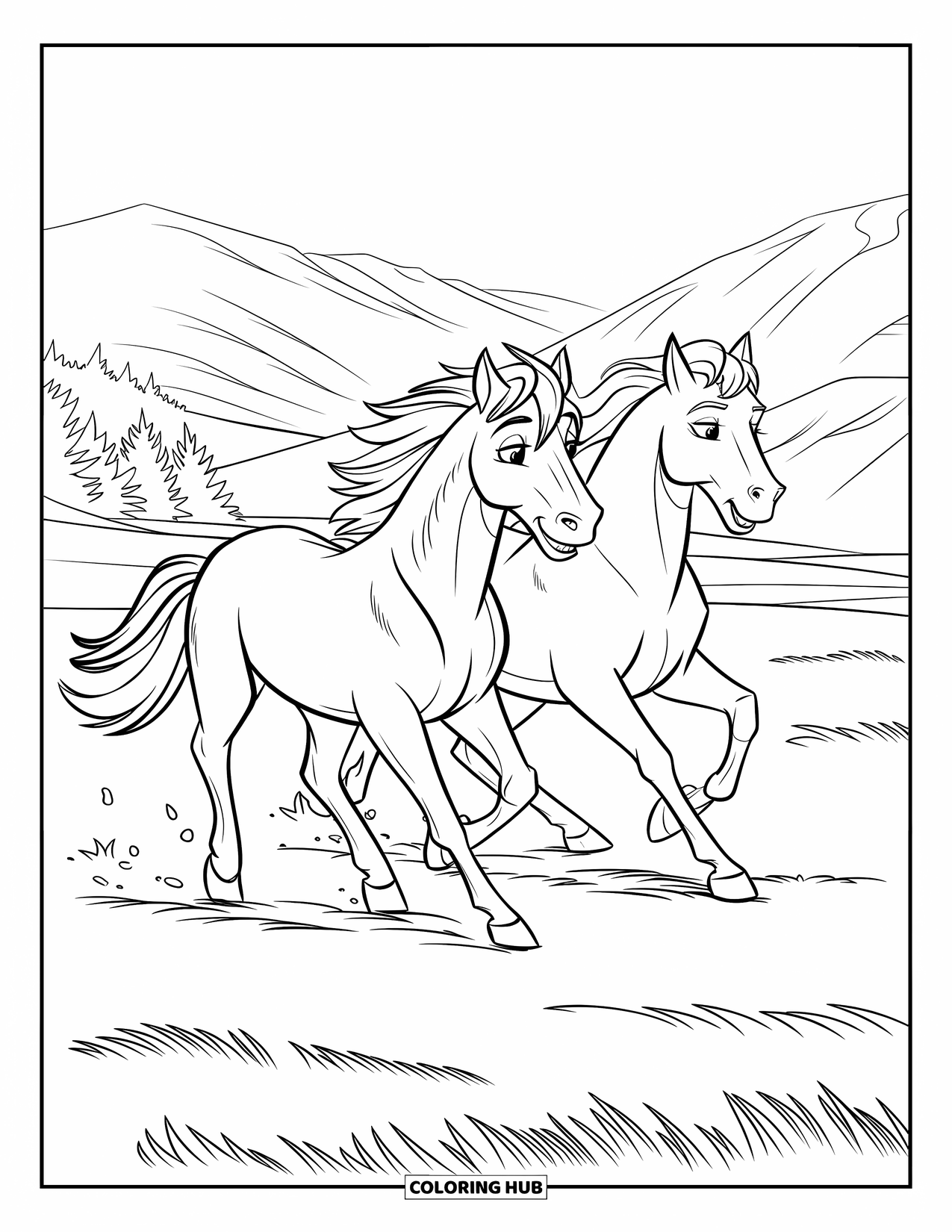 Wild Horse Coloring Page for Kids: Striped horses run through a grassy field with mountains in the distance