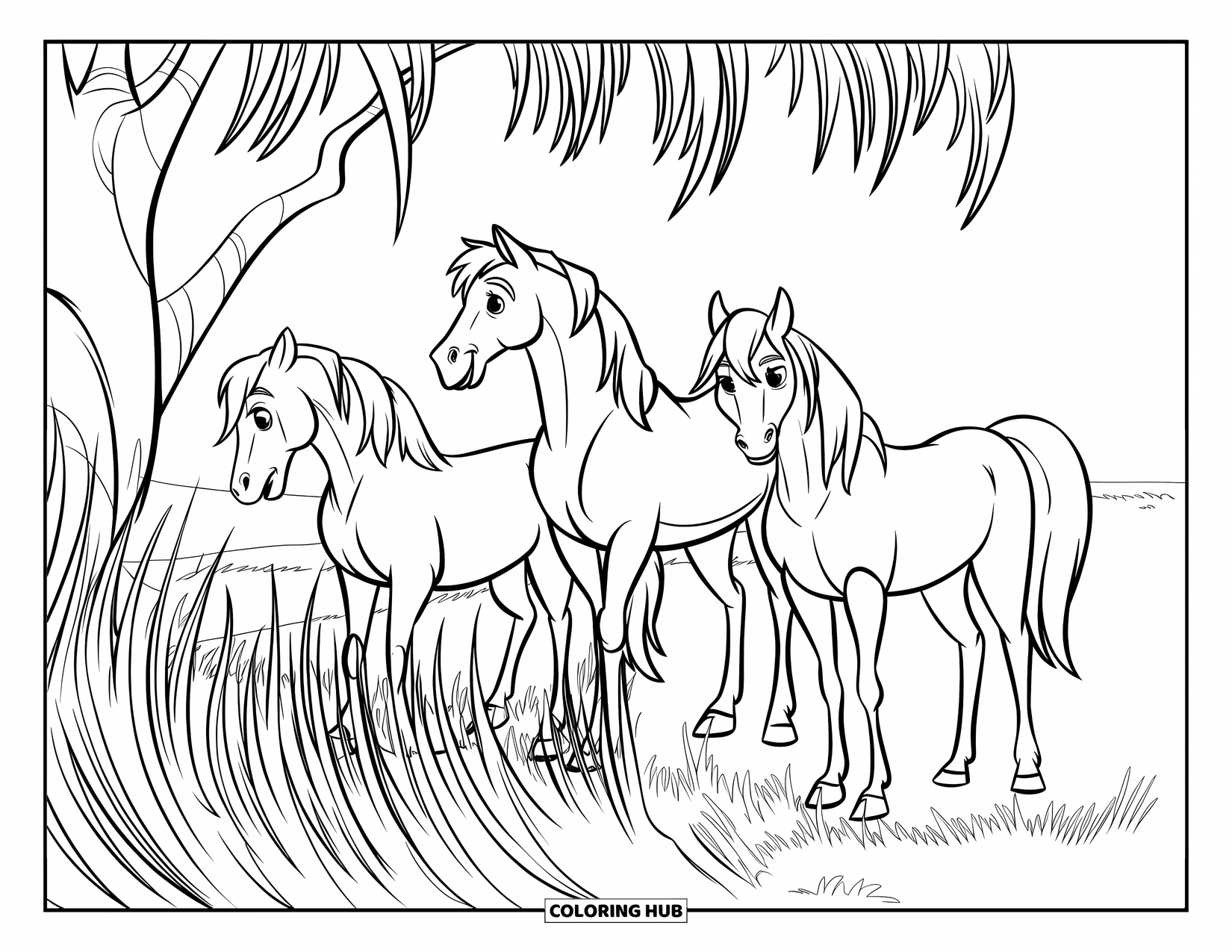 Wild Horse Coloring Page for Kids: Three wild horses graze near a tree as the grass gently sways