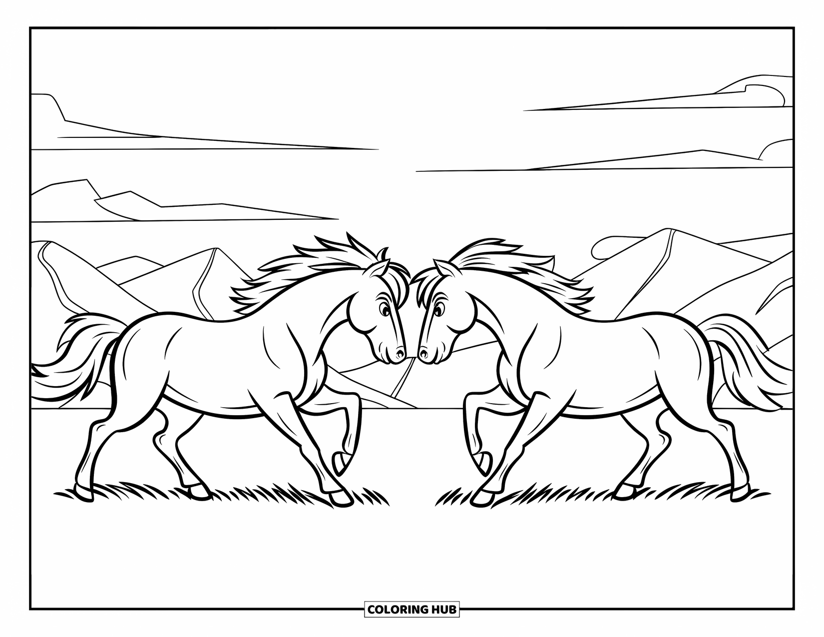 Wild Horse Coloring Page for Kids: Two wild horses face each other with mountains and clouds in the sky