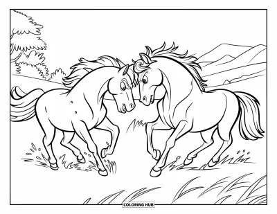 Kleurplaat van een wild paard voor kinderen: Twee wilde paarden staan tegenover elkaar in een open veld met bomen en bergen