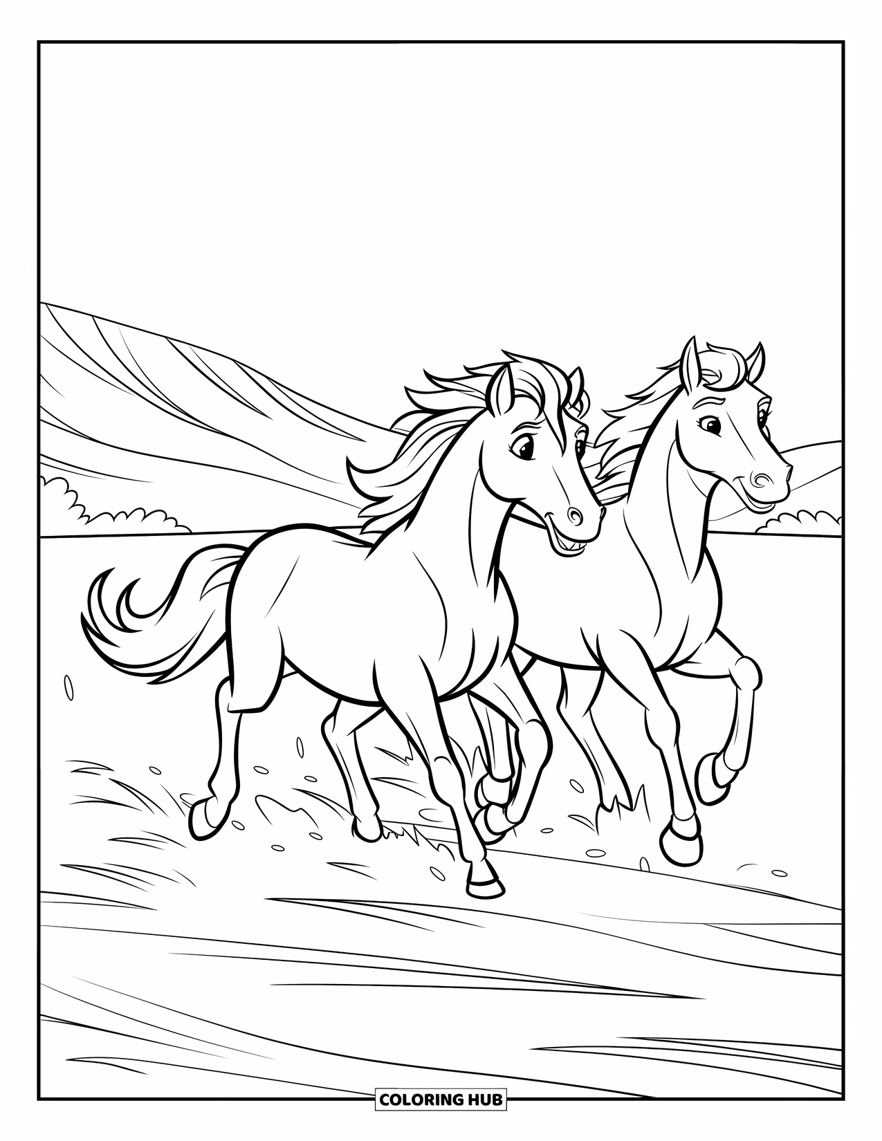 Wild Horse Coloring Page for Kids: Two wild horses gallop across a valley plain with mountains and trees around them