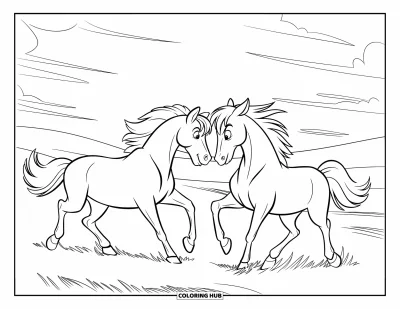 Kleurplaat van een wild paard voor kinderen: Twee wilde paarden staan in een grasveld met heuvels en wolken achter hen