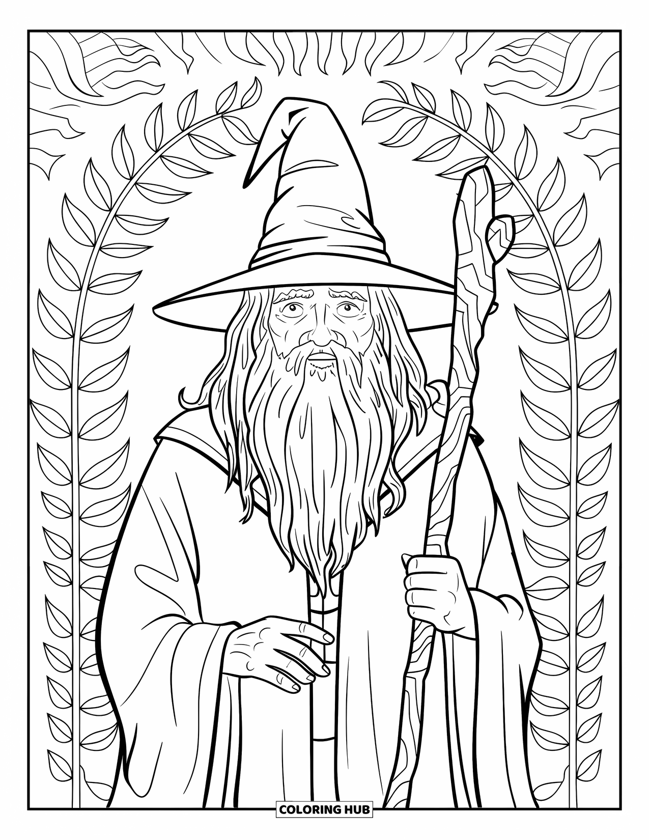 Wizard Coloring Page for Adults: A bearded wizard holds a staff with leafy designs in the background