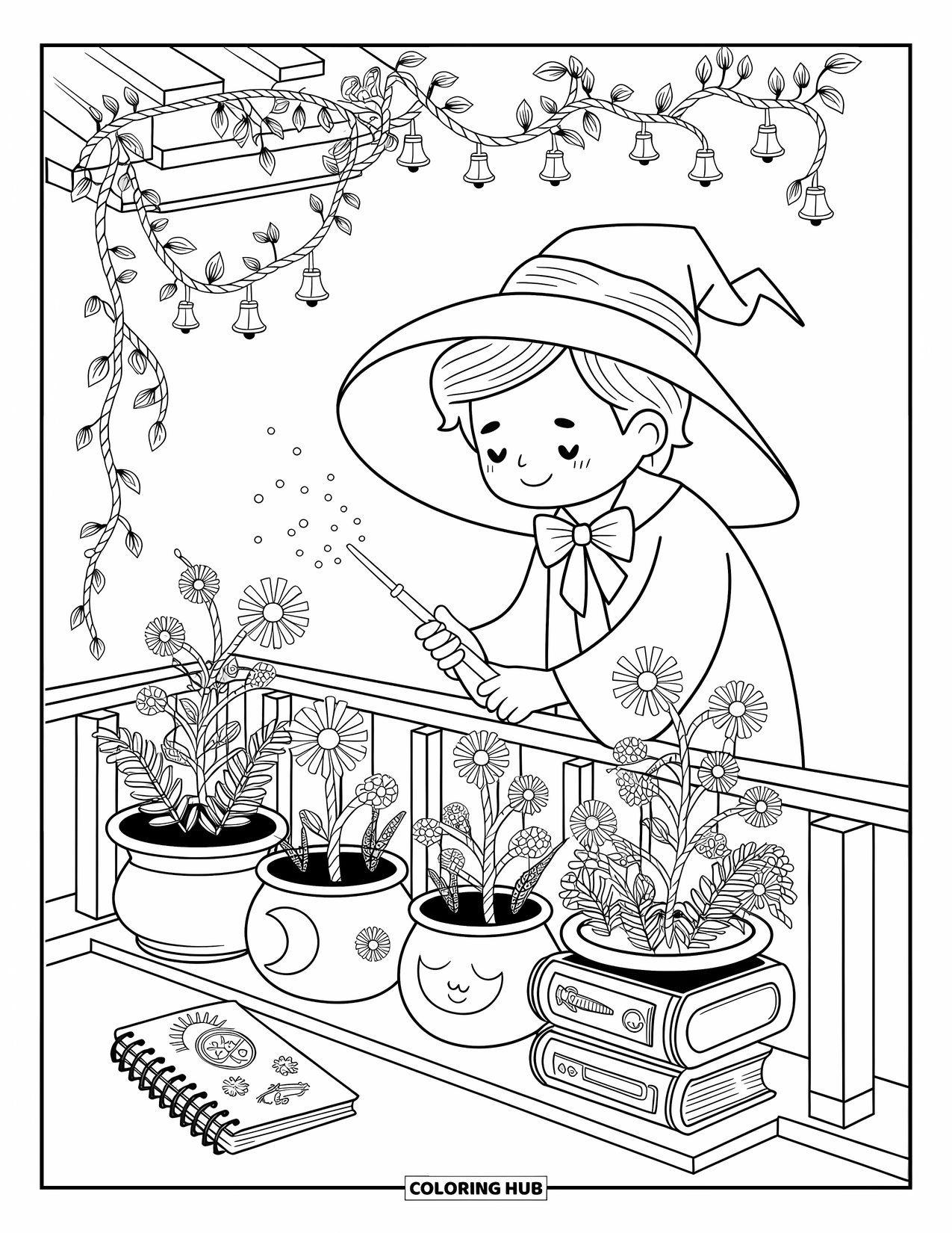 Wizard Coloring Page for Adults: A gentle wizard sprinkles sparkles onto magical plants growing in star-shaped pots