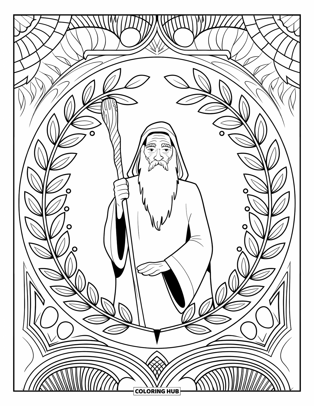 Wizard Coloring Page for Adults: A wise wizard holds a staff surrounded by symmetrical leafy plant patterns
